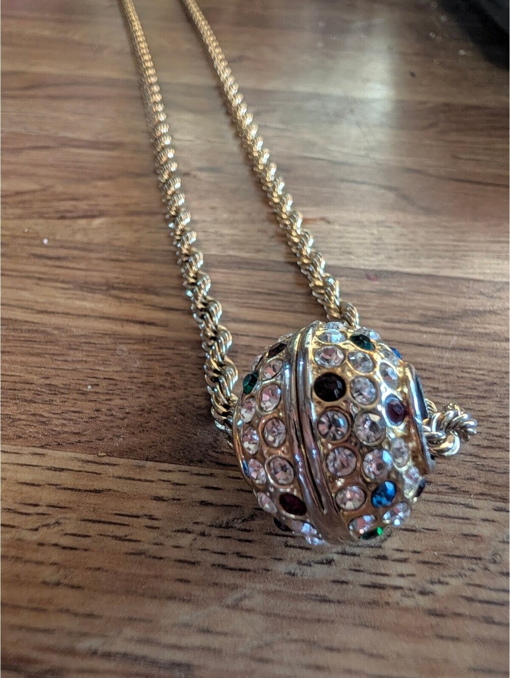 Gold Tone Rope Chain Necklace with Multicolor Rhinestone Pendant